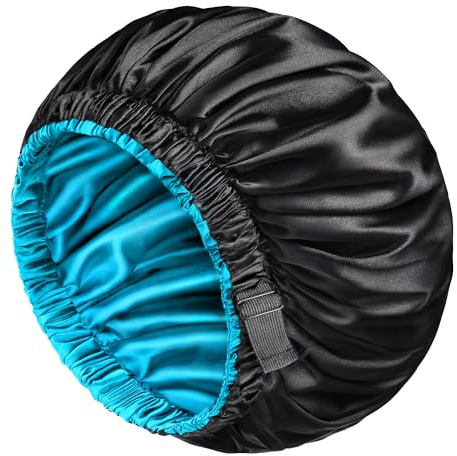 Mikimini Satin Silky Hair Bonnet for Sleeping, 2 Pack Reversible Double Layer Bonnets for Women X-Large Sleeping Cap for Hair Care, Soft, Stretchy (Black+Blue)