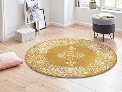 Hanse Home Home Gloria Orient Teppich Rund ⌀160cm – Wohzimmerteppich Mehrfarbig Vintage Orientalisches Muster für Flur, Esszimmer, Schlafzimmer, Kinderzimmer, Wohnzimmer, Küche Mustard