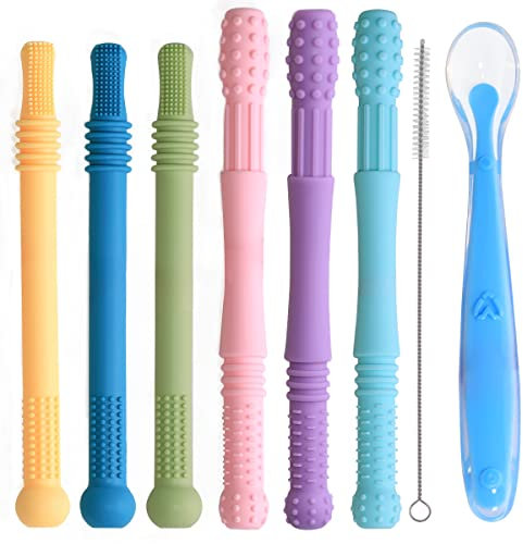 6 Stück Baby Beißröhrchen, 2 Typen Beißring Baby, Zahnungshilfe Baby, Lebensmittelqualit BPA-frei Silikon Baby Beissring mit 1 Stück Reinigungsb rsten und 1 Stück Lebensmittelqualit Silikon Löffel