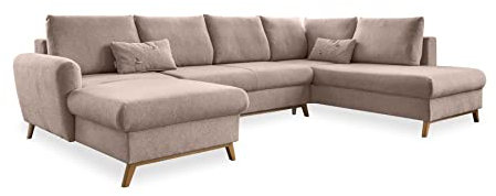 MIUFORM Ecksofa U-Form mit Schlaffunktion und Bettkasten | Scandic Lagom | Wohnlandschaft mit Schlaffunktion, Sofa U Form, Couch U Form, Wohnlandschaft U-Form (Beige, Rechts ausgerichtet)