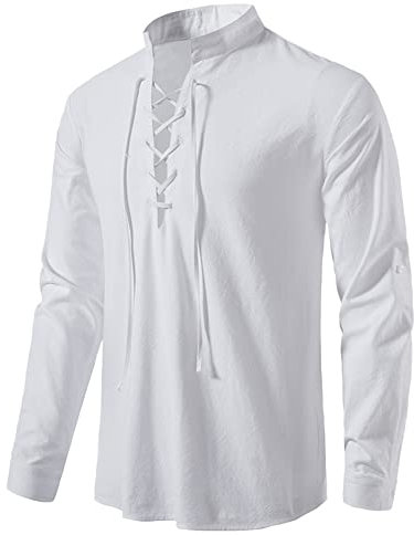 YAOHUOLE Chemise Medieval Homme Chemise Homme Coton Lin Henley Shirt Blanc XL