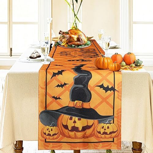 Bigqin Camino de Mesa de Halloween, Decoración de Halloween Calabaza Lino Camino de Mesa para Comedor Cocina Cafetería Hogar Interior Bar Decoración de Fiesta, 183*33cm/72*13
