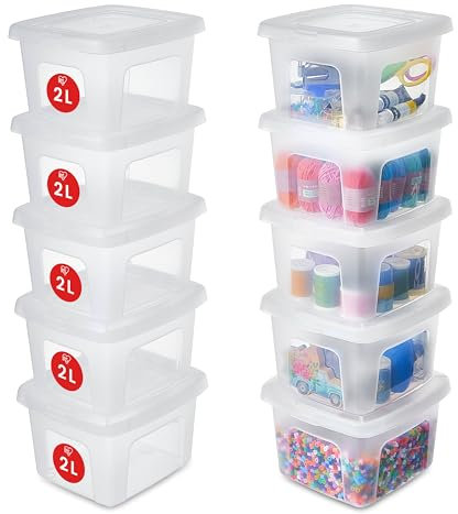 Iris Ohyama Versatile Storage Boxes, 2L, Set of 10, Clear, Easy Latch, Stackable, Transparent Plastic, For Closet, Shelves, Classroom, Organisation, Toys, Art Supplies, Shoes, MCB-2