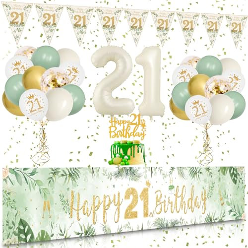 21 Geburtstag Deko, VICTERR Grün Gold Deko 21. Geburtstag Frau und Mann Deko Set, Extra Lange Größe Happy 21th Birthday Banner Hintergrund 274×37cm, Girlande Wimpel Konfetti Luftballons