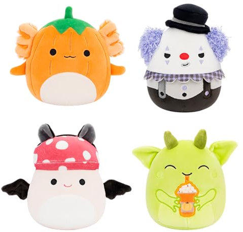 Squishmallows Original 5-Inch Halloween 4-Pack – Gabin Pumpkin Axolotl, Fitzy Goblin Holding Latte, Malcolm Bat Mushroom, Ms. K Purple Clown – Official Jazwares Plush (Little)