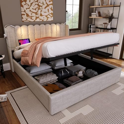 FEZTOY 140x200 Polsterbett Hydraulik Stauraumbett, Doppelbett mit Schubladen, Kopfteil mit Leselicht und Ladefunktion, Bettgestell Jugendbett, Linen, Beige, Ohne Matratze