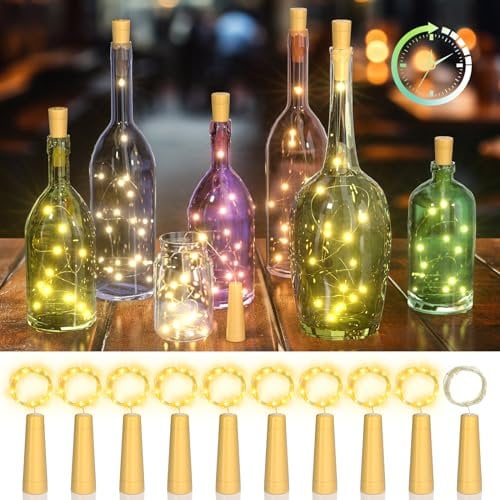 Ymenow Flaschenlicht mit Timer, 10 Stück Flaschenlichterkette Korken 2M 20LED Kupferdraht Lichterkette Batterie Innen für DIY Flaschen Weihnachtsbaum Zimmer Schlafzimmer Bilder Blumen Deko, Warmweiß