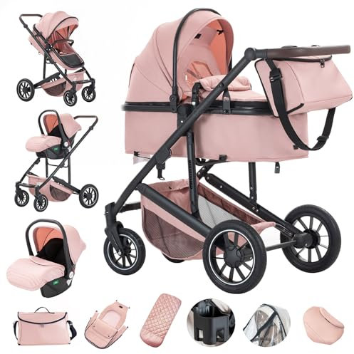 Gcarebb Passeggino 3 in 1, Passeggini Cittadini Con Seggiolino Auto, Passeggino Canna Maniglia Regolabile in Altezza, Passeggini Combinati Paesaggio Alto Telaio in Alluminio Adatto Per 0-4 Anni