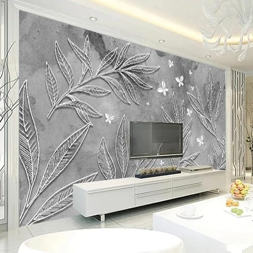 SABORR Fototapete 3d wohnzimmer tapete grau pflanzen blätter schmetterling TV-rückwand schlafzimmer dekorative kunst sticker malerei