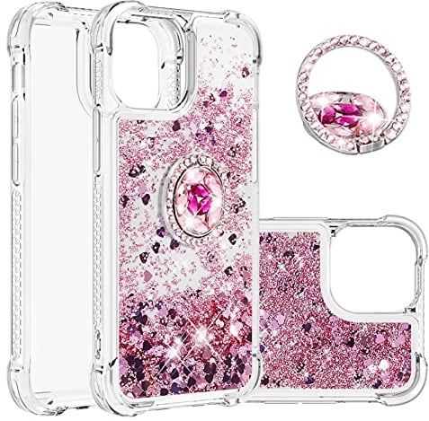 IMIRST Phone Case Compatible with iPhone 13 mini (5.4'') Bling Liquid Glitter Diamond Ring Shell Shockproof Airbag Protective Cover Bumper Case for Apple iPhone 13 mini. YBK Love Rosegold
