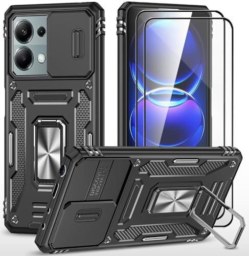 CLYDITE Hülle für Xiaomi Redmi Note 13 Pro 4G handyHülle mit Slide Camera Gehärtetes Glas Schutzfolie [2 Stück] Schützen Ständer Silikon Rüstung Hardcase Stoßfeste Hüllen-Schwarz