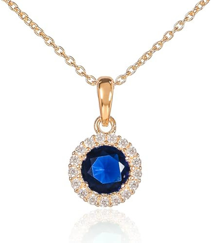 Diamond Treats Vergoldete Anhänger Halskette aus 925 Sterling Silber mit einem saphirblauen Stein und einem Zirkon Rand, Gold-Halskette für Damen mit einem blauen Stein, Goldkette für Frauen