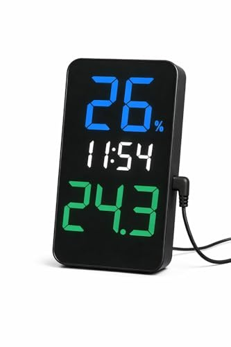 JRose Collections Digital LED Desk Clock with Temperature & Humidity Display, USB Powered Indoor Thermometer Hygrometer, Alarm Clock, 12/24H Time Format, 3 Brightness Levels, 14 × 6 cm JR5077