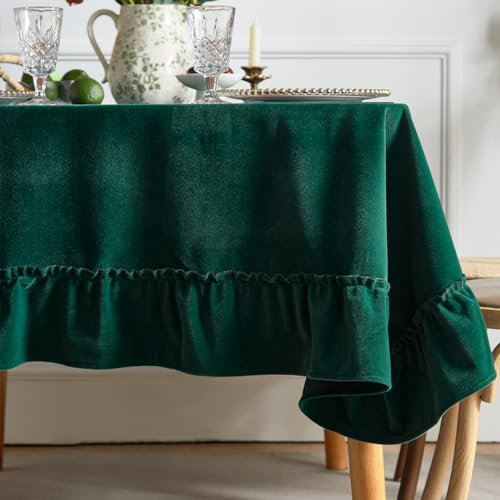 Tootop Weiche, luxuriöse Samt-Tischdecke, gerüscht, einfarbig, rechteckig, dick, Vintage-Stil, Bauernhaus-Stil, waschbar, geeignet für Partys, Hochzeiten, Babypartys, Küche (152 x 308 cm), Grün