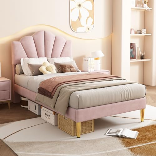 Merax Velvet Upholstered Bed, Single Bed-4ft(90 * 190cm), Shell-Like Bed with Golden Iron Legs, Height-Adjustable Headboard, Wooden Slatted Frame Mattress Not Included, Pink
