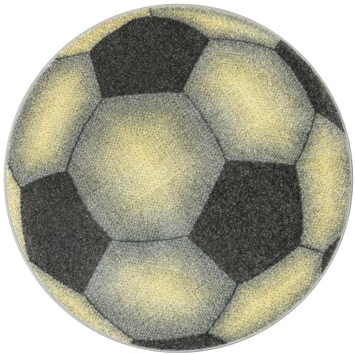 AKCILA Lima Runder Kinderteppich Grau Gelb mit Fußball Muster 120 cm | moderner Teppich für Kinderzimmer und Jugendzimmer, Kinderteppich sportliches Design in verschiedenen Farben und Größen