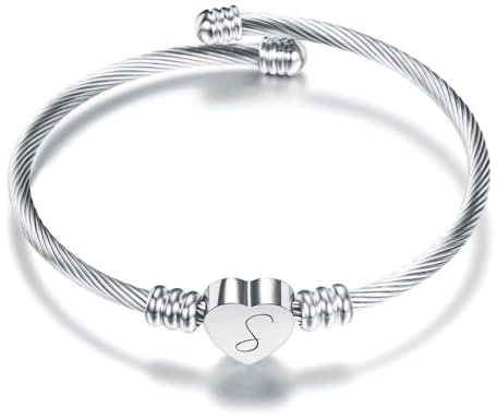 KENYG Delicate Silver Love Heart 26 Initial Letter Alphabet A-Z Cuff Bracelet Open Bangle Adjustable Jewellery Gift For Daughter Son Sisters Friends Mom Colleague Lover Birthday Christmas (S)
