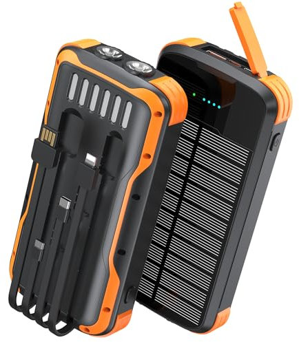 SOXONO Solar Charger Power Bank, PD 20W Fast Charging External Batter, 40000mAh Portable Phone Charger Built in 4 Cables with Dual Bright Flashlights for Camping, Hiking, and Outdoor Use