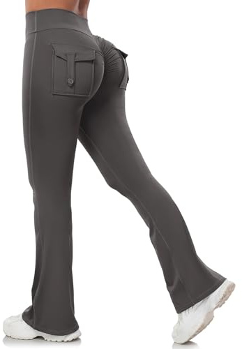 Aerides Flared Leggings for Women Scrunch Bums Leggings with Pockets High Waist Yoga Pants Sports Bootcut Trousers for Gym Workout Casual (Grey, L)