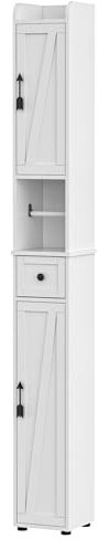 VECELO Bathroom Tall Cabinet, Slim Storage Unit with a Drawer, 2 Handle Cupboard Doors, 4 Internal & 1 Open Adjustable Shelves for Hallway, Living Room, Kitchen