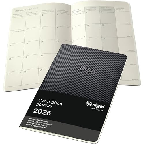 SIGEL C2684 Monats-Kalenderheft Monatsplaner 2026, ca. A5, schwarz, Softcover, 2 Seiten = 1 Monat, 64 Seiten, Quickpocket, aus nachhaltigem Papier, Conceptum
