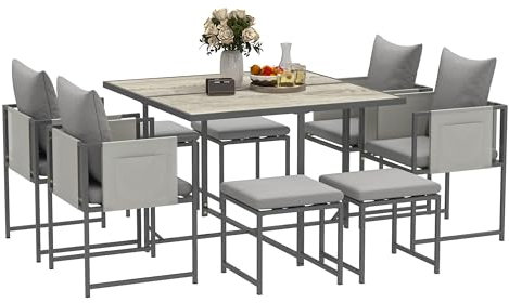Outsunny 9 Piece Garden Dining Set, Cube Outdoor Garden Furniture Set with Cushions, 8 Seater Garden Table and Chairs with 4 Stools, Square PSPC Plastic Top Table, Side Pockets for Conservatory, Grey