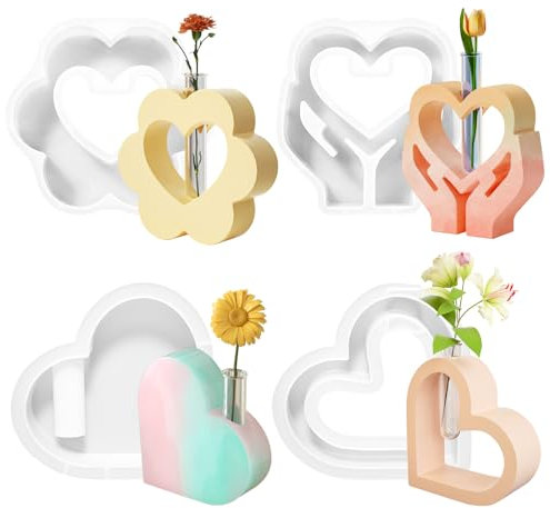 Teeloray 4 Stück Silikonform Vase mit Acryl Reagenzgläsern, Sommer Herzform Vases Resin Formen Epoxidharz Formen Vases, Vasen Gießformen, Hydrokulturpflanzen Silikon Blumenvase für Vasen, DIY Handwerk
