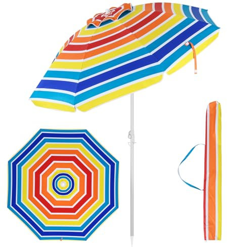 GOPLUS 2M Parasol Plage Déporté,Parasol Inclinable pour Patio Jardin Balcon Piscine Plage Plusieurs Angles, 8 Baleines en Acier,avec UV Protection, Base Requise (Multicolore,φ 182CM)