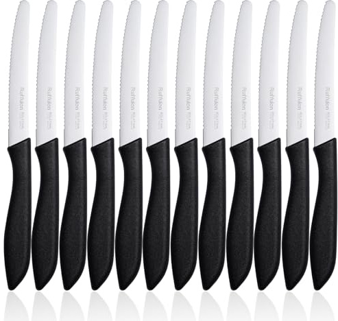 Ruffulon Brotmesser Set 12-teilig,23cm klein Küchenmesser,Scharfe Brotmesser Wellenschliff,Edelstahl Frühstücksmesser,Brötchenmesser Set,Kunststoffgriff Brotzeitmesser,Schwarz