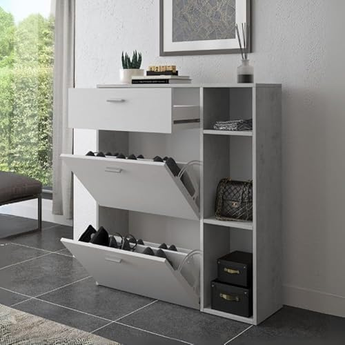 Relax e Design Scarpiera con 2 ante a ribalta 1 cassetto, vani a giorno, cm H101 90X26 (Grigio cemento e bianco)