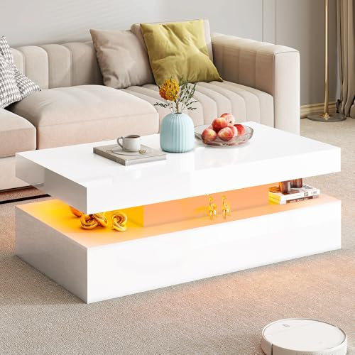 LUXOAK Couchtisch Hochglanz Weiß mit LED Beleuchtung – Moderner 2-stufiger Wohnzimmertisch mit offenem Stauraum, Rechteckiger Sofatisch für Wohnzimmer, 100x45.5x43 cm