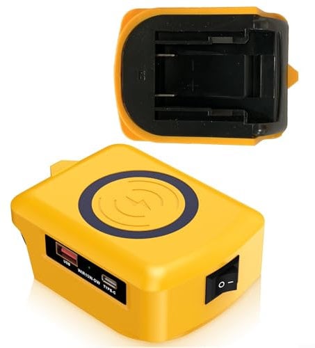 Volakebeing Power Source Battery Adapter LED Work Light Converter for Dewalt 18V and for Battery with Type C Phone Charger and DC Port for Heated Jacket(yellow)