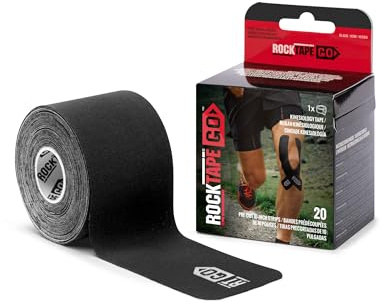 RockTape GO Extra-Sticky Kinesiology Tape – 20 vorgeschnittene Streifen, 5cm x 25cm – starker Kleber, wasserfest, hypoallergen für Muskelregeneration, Schmerzlinderung & Sport, Schwarz