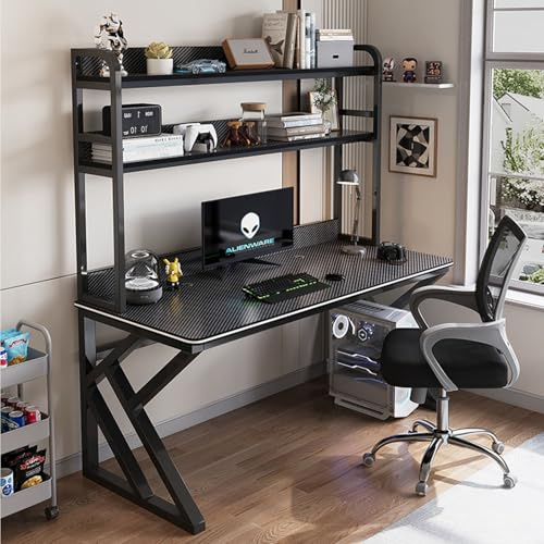 RiouPsithuric Großer PC-Computertisch mit Aufsatz und Regalen – moderner Gaming- und Arbeitstisch, Heimbüromöbel mit Metallrahmen und Stecktafel-Aufbewahrungsregal (schwarz)