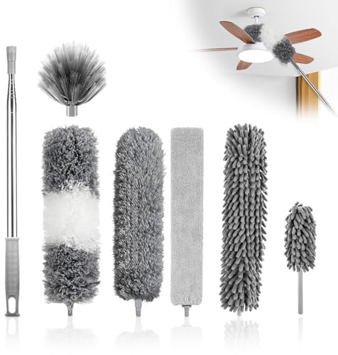 Alitree 7 Piezas Plumero Telescopico Extensible, Microfibra Lavable Plumero Atrapapolvo Longitud 40-250cm, Plumero de Limpieza Reutilizable, para Huecos, Techos, Telarañas, Ventiladores de Techo