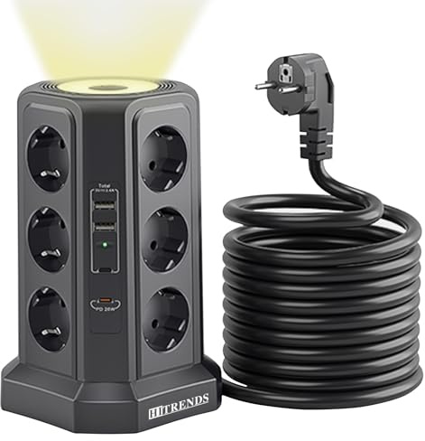 HITRENDS Tour de prise avec 2 ports USB et 2 ports USB-C, 12 prises (12 Schuko + 4 USB), tour de prise avec protection contre les surtensions, tour de prise avec câble de 2 m pour cuisine, bureau (250