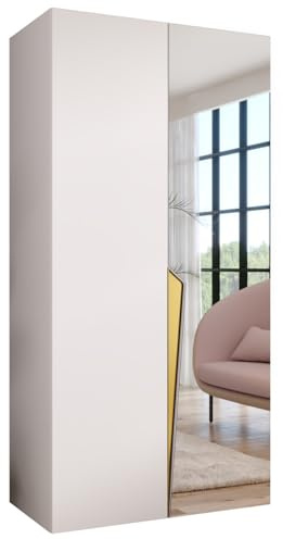 MEBLE KRYSPOL - Kleiderschrank - Garderobenschrank - 100 cm x 202 x 52 cm - Schrank mit Kleiderstange und Spiegel, 2 Türen - für Schlafzimmer, Flur - Piano, Weiß, Griff Gold