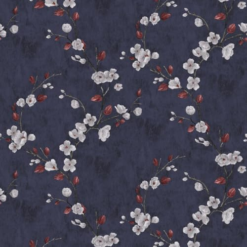 MOBAILUYI Self Adhesive Wallpaper Navy Blue Vinyl Wrap for Kitchen Cupboards 44cm X 305cm Sticky Back Plastic Roll,Floral Vintage Removable Peel and Stick Wallpaper for Living Room Bedroom Bathroom