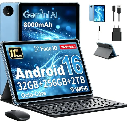 Tablet 11 Inch with Gemini AI, Android 16 Tablets with Case, Keyboard, & Mouse, Unisoc T7250 Octa-Core, 32GB RAM+256GB ROM+2TB TF, 1920 x 1200 HD Display, 90Hz, 8MP+16MP Dual Camera, 8000mAh (Blue)