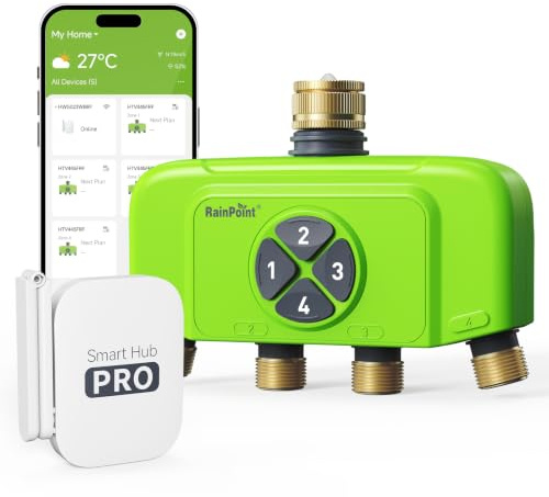 RAINPOINT Programmatore Irrigazione WiFi 4 Zone con Gateway, Centralina Irrigazione Intelligente con Misuratore di Portata, Connettori in Ottone, Controllo App/Voce per Giardino e Prato