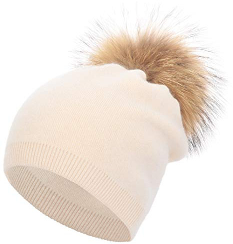 Damen Kaschmir-Wintermütze mit echtem Fellbommel, Wintermütze, Strickmütze, Skimütze, Beige, Einheitsgröße