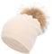 Damen Kaschmir-Wintermütze mit echtem Fellbommel, Wintermütze, Strickmütze, Skimütze, Beige, Einheitsgröße