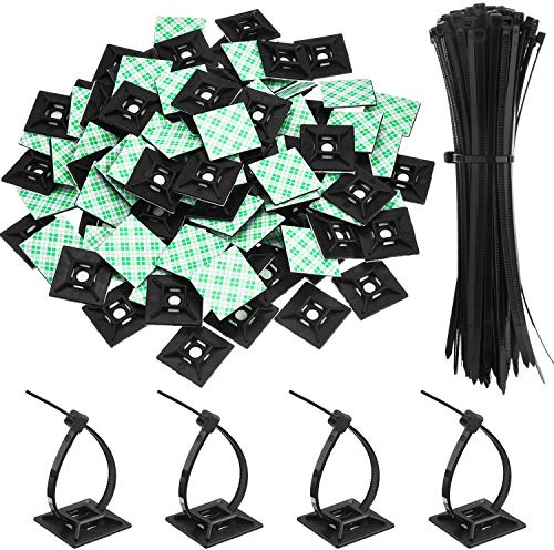 HICARER 100 Piezas Soporte de Atar Cable Auto Adhesivo | Montaje Adhesivo Fuerte, Brida Cable para Múltiples Usos, Color Negro