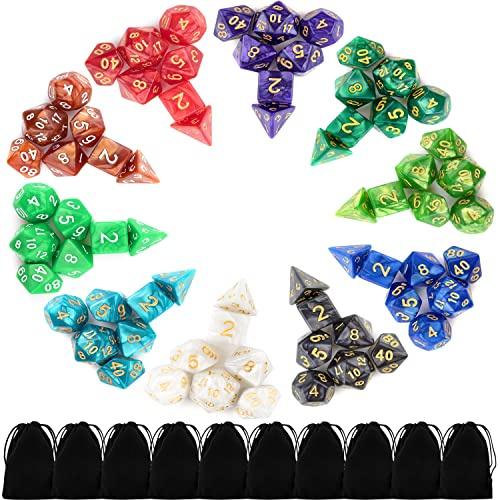 Awpeye Polyedrisches Würfel-Set (70 Stück) für Dungeons and Dragons DND RPG MTG Tischspiele D4 D6 D8 D10 D% D12 D20 mit 10 schwarzen Beuteln, 10 Farben