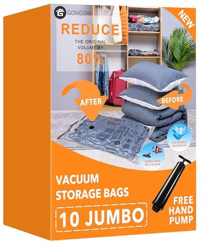 Vacuum Storage Bags (10 x Jumbo), Space Saver Sealer Compression Bags with Travel Hand Pump for Blankets, Comforters, Pillows, Clothes Storage