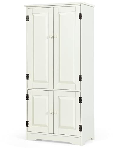 COSTWAY Wood Storage Cabinet, Adjustable Shelves Antique 4-Door Organizer Unit Chest, Large Kitchen Cupboard Tall Floor Sideboard Living Room Entryway Hallway Corner Bedroom, 59 x 32 x 123cm (Cream)