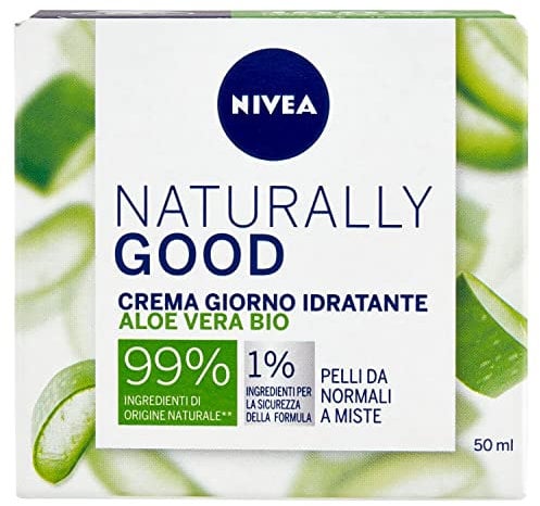NIVEA NATURALLY GOOD Crema Giorno Idratante 50 ml, Crema viso rinfrescante per pelli normali e miste, Crema idratante con Aloe Vera Bio, Olio di Jojoba e Mandorle