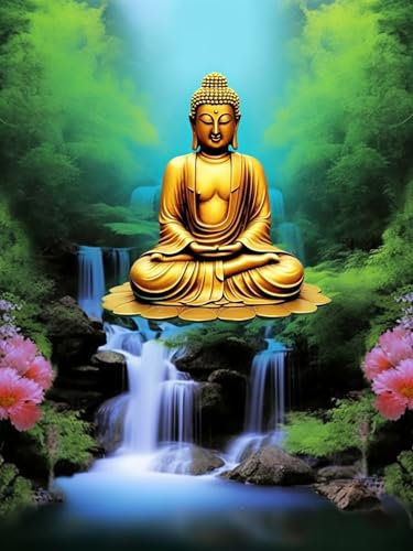 Reofrey Diamond Painting Zubehör DIY Diamantmalerei Wasserfall Buddha-Statue Bohren Voll Stickerei Strass Diamant Malerei Set Wanddekoration 40x50 cm