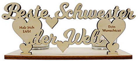 Namofactur personalisierter Teelichthalter Beste Schwester der Welt | Mit Name oder Wunschgravur für die Schwester und zwei Teelichtgläsern; als persönliche Tischdeko und Erinnerungsstück