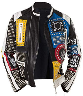 UGFashions Herren-Motorradjacke, Retro, Punk, Biker, Echtleder, mehrfarbig mit Diamanten, Nieten, Retro-Stil, Mehrfarbig, XXL